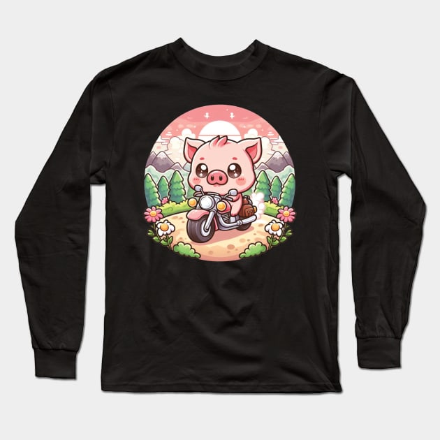 Happy Hog Riding Motorcycle Long Sleeve T-Shirt by The Art-Mart